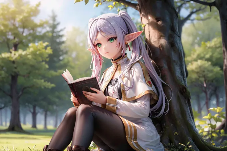 masterpiece, (ultra detailed background:1.2), delicate pattern, intricate detail, highly detailed, fine details, best quality, studio lighting, 4K, 8K, unearthly, perfect anatomy,
sitting, expressionless, reading, looking at book,
1girls, parted bangs, book, brown long boots, bush, capelet, closed mouth, white dress, elf, long sleeves, pointy ears, green eyes, sidelocks, long hair, twintails, black pantyhose,
outdoors, nature, against tree, forest, in tree, tree, under tree,
<lora:Frieren:1>, FrierenDress,
<lora:detail_slider_v4:1>,
<lora:more_details:0.2>,
