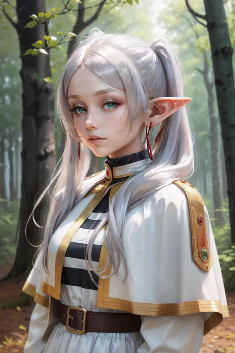 masterpiece, best quality, <lora:CHAR-Frieren:1> Frieren, twintails, earrings, FrierenBase, twintails, earrings, white capelet, striped shirt, white skirt, long sleeves, upper body, portrait, looking at viewer, forest, realistic