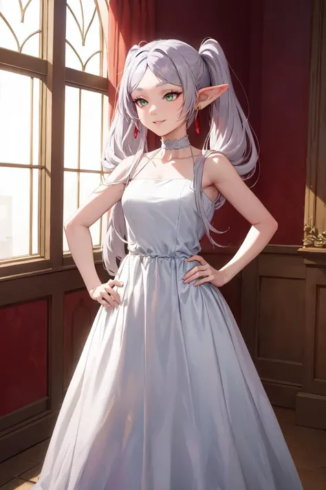 masterpiece, best quality, absurdres, perfect anatomy, Frieren, twintails, earrings, elegant, long dress, white dress, halterneck, smile, indoors, palace, jewelry, standing, hands on hips, <lora:Frieren:1>