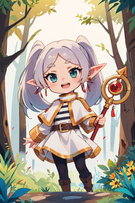 masterpiece, best quality, <lora:CHAR-Frieren:1> Frieren, twintails, earrings, FrierenBase, twintails, earrings, white capelet, striped shirt, white skirt, long sleeves, belt, black pantyhose, chibi, forest, holding staff, :D