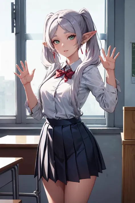 masterpiece, best quality, absurdres, perfect anatomy, Frieren, twintails, earrings, classroom, window, school uniform, dress shirt, pleated skirt, waving at viewer, <lora:Frieren:1.0>