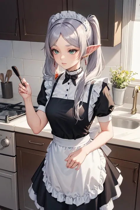 masterpiece, best quality, absurdres, perfect anatomy, Frieren, twintails, earrings, maid, maid headdress, maid apron, kitchen, <lora:Frieren:0.8>
