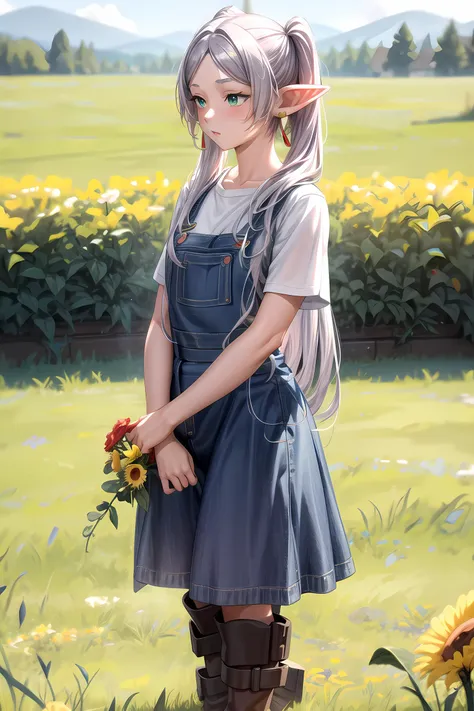 (masterpiece, best quality), 1girl, full body, <lora:Frieren:1>, FrierenBase, twintails, earrings, wearing denim overalls, cowboy boots, in farm, holding flowers <lora:more_details:0.7>