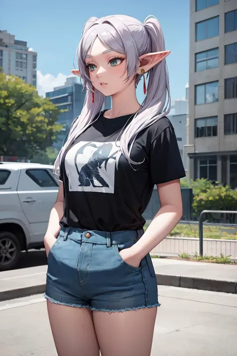 masterpiece, best quality, absurdres, perfect anatomy, Frieren, twintails, earrings, t-shirt, denim shorts, standing, outdoors, city, hands in pockets, <lora:Frieren:1>