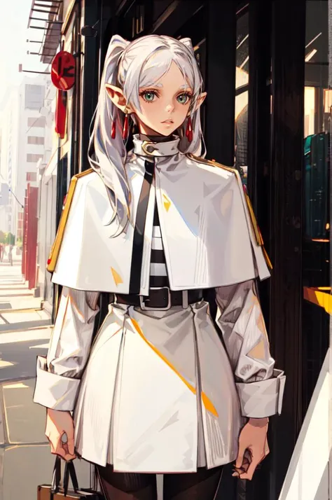 <lora:style_panamaman:1> <lora:FrierenV2:1>FrierenBase, long hair, twintails, earrings, white capelet, striped shirt, horizontal stripes, long sleeves, belt, white skirt, gold-trim, black pantyhose, absurdres, ultra detailed, masterpiece, best quality, aesthetic, detailed,