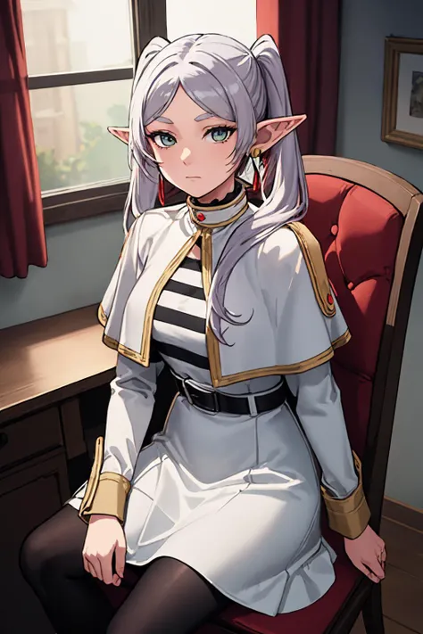 (masterpiece, best quality:1.1), cowboy shot, 1girl, FrierenBase, expressionless, closed mouth, looking at viewer, sitting, chair, earrings, twintails, earrings, white capelet, striped shirt, white skirt, long sleeves, belt, black pantyhose <lora:Frieren:1>