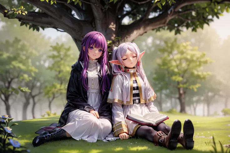 masterpiece, (ultra detailed background:1.2), delicate pattern, intricate detail, highly detailed, fine details, best quality, studio lighting, 4K, 8K, unearthly, perfect anatomy,
sitting, smile,
bangs, book, boots, bush, capelet, closed mouth, white dress, black robe, long hair, long sleeves, purple eyes, purple hair, sidelocks, long hair,
<lora:Fern:1>, FernFrieren,
sitting, expressionless, sleeping, closed eyes, closed mouth,
parted bangs, book, brown long boots, bush, capelet, white dress, elf, long sleeves, pointy ears, sidelocks, long hair, twintails, black pantyhose,
outdoors, nature, against tree, forest, in tree, tree, under tree, flowers,
<lora:Frieren:1>, FrierenDress,
<lora:detail_slider_v4:1>,
<lora:more_details:0.2>,