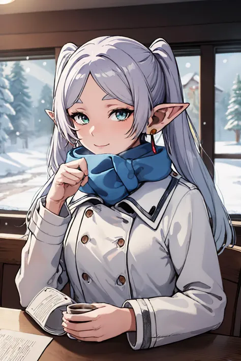 (masterpiece, best quality:1.1), upper body, solo, 1girl, FrierenWinter, slight smile, looking at viewer, elbows on table, twintails, earrings, blue scarf, white coat, indoors, coffee cup, snowing <lora:Frieren:1>