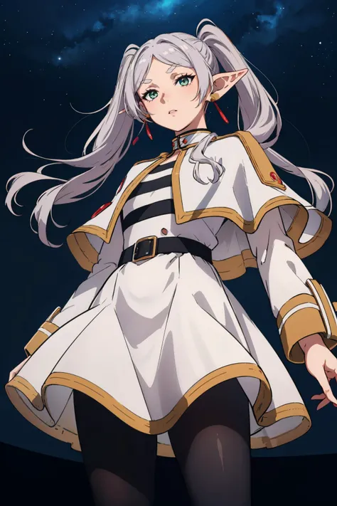 masterpiece, best quality,  <lora:CHAR-Frieren:1> Frieren, twintails, earrings, FrierenBase, twintails, earrings, white capelet, striped shirt, white skirt, long sleeves, belt, black pantyhose, from below, dynamic pose, black background, night sky, falling, looking at viewer