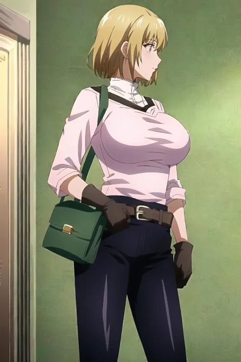 <lora:sally:1>, saltherine, solo focus, gloves, pink shirt, black pants, weapon, scabbard, brown belt, sheathed, shoulder bag, strap between breasts, room background, best quality, absurdres, masterpiece, high details, <lyco:GoodHands-beta2:1.0>