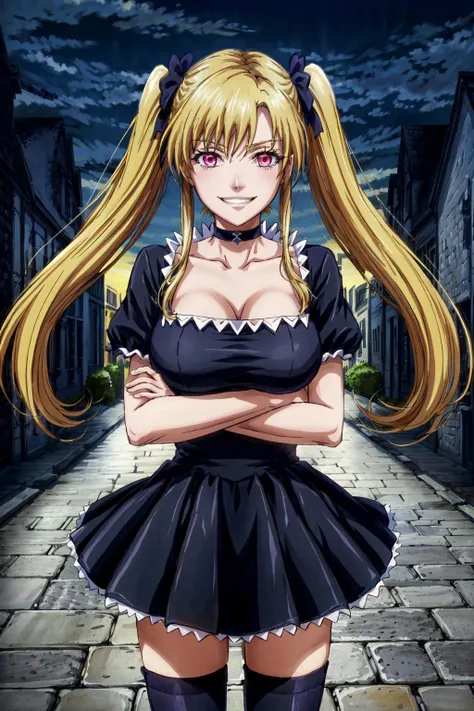 UnMasked_KaijinHimeDo-S_ownwaifu, www.ownwaifu.com, kaijin_hime_do-s, 1girl, glasgow_smile, tongue, tongue out, sharp teeth, long hair, blonde hair, breasts, heart, red eyes, spiked collar, large breasts, spikes, facial mark, forehead mark, colored sclera, black sclera, hair ornament, hair flower, black rose, collarbone, very long hair, thighs, toned, makeup, bondage outfit, underboob, gloves, thighhighs, dominatrix, o-ring, black gloves, elbow gloves, jewelry, bare shoulders, single elbow glove, cleavage, asymmetrical legwear, o-ring top, latex, bdsm, latex legwear, skin tight, 1girl, solo, upper body, facing viewer, looking at viewer, smile,