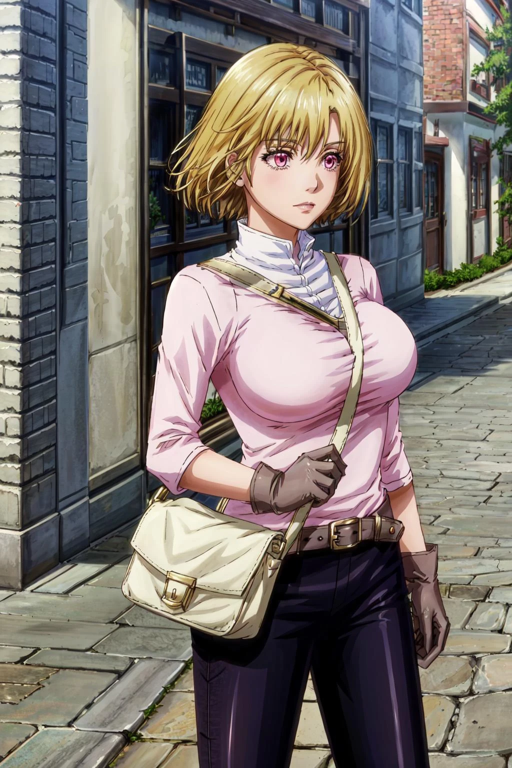 <lora:sally:1>, saltherine, solo focus, gloves, pink shirt, black pants, standing, brick wall, outdoors, weapon, cowboy shot, scabbard, belt, sheathed, handbag, shoulder bag, strap between breasts, best quality, absurdres, masterpiece, high details, <lyco:GoodHands-beta2:1.0>