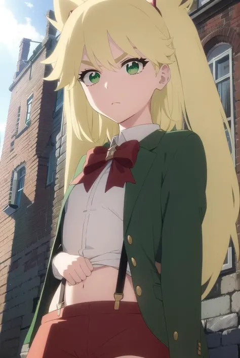 ninnyspangcole, <lora:ninny spangcole anime-lora-nochekaiser:1>,
ninny spangcole, long hair, blonde hair, (green eyes:1.5), twintails, two side up,
BREAK shirt, thighhighs, long sleeves, bow, jacket, white shirt, shorts, bowtie, red bow, thigh strap, capelet, black shorts, suspenders, green jacket, suspender shorts,
BREAK outdoors, city, sun, sky, clouds,
BREAK looking at viewer, (cowboy shot:1.5),
BREAK <lyco:GoodHands-beta2:1>, (masterpiece:1.2), best quality, high resolution, unity 8k wallpaper, (illustration:0.8), (beautiful detailed eyes:1.6), extremely detailed face, perfect lighting, extremely detailed CG, (perfect hands, perfect anatomy),