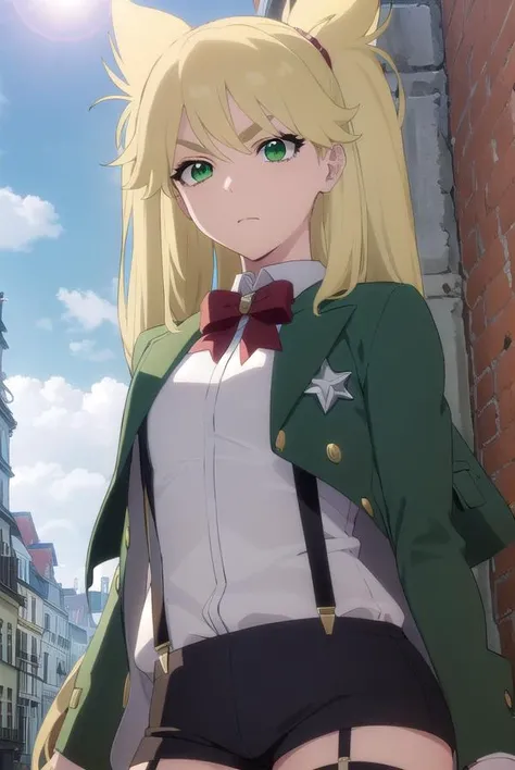 ninnyspangcole, <lora:ninny spangcole anime-lora-nochekaiser:1>,
ninny spangcole, long hair, blonde hair, (green eyes:1.5), twintails, two side up,
BREAK shirt, thighhighs, long sleeves, bow, jacket, white shirt, shorts, bowtie, red bow, thigh strap, capelet, black shorts, suspenders, green jacket, suspender shorts,
BREAK outdoors, city, sun, sky, clouds,
BREAK looking at viewer, (cowboy shot:1.5),
BREAK <lyco:GoodHands-beta2:1>, (masterpiece:1.2), best quality, high resolution, unity 8k wallpaper, (illustration:0.8), (beautiful detailed eyes:1.6), extremely detailed face, perfect lighting, extremely detailed CG, (perfect hands, perfect anatomy),