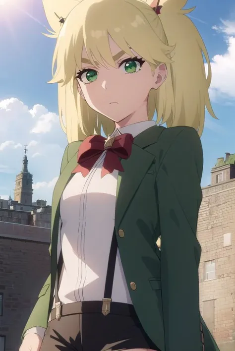 ninnyspangcole, <lora:ninny spangcole anime-lora-nochekaiser:1>,
ninny spangcole, long hair, blonde hair, (green eyes:1.5), twintails, two side up,
BREAK shirt, thighhighs, long sleeves, bow, jacket, white shirt, shorts, bowtie, red bow, thigh strap, capelet, black shorts, suspenders, green jacket, suspender shorts,
BREAK outdoors, city, sun, sky, clouds,
BREAK looking at viewer, (cowboy shot:1.5),
BREAK <lyco:GoodHands-beta2:1>, (masterpiece:1.2), best quality, high resolution, unity 8k wallpaper, (illustration:0.8), (beautiful detailed eyes:1.6), extremely detailed face, perfect lighting, extremely detailed CG, (perfect hands, perfect anatomy),