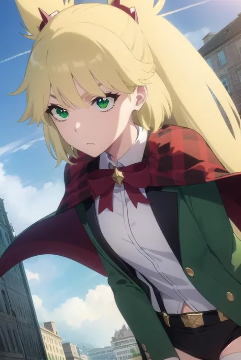 ninnyspangcole, <lora:ninny spangcole anime-lora-nochekaiser:1>,
ninny spangcole, long hair, blonde hair, (green eyes:1.5), twintails, two side up,
BREAK shirt, thighhighs, long sleeves, bow, jacket, white shirt, shorts, bowtie, red bow, thigh strap, capelet, black shorts, suspenders, green jacket, suspender shorts,
BREAK outdoors, city, sun, sky, clouds,
BREAK looking at viewer, (cowboy shot:1.5),
BREAK <lyco:GoodHands-beta2:1>, (masterpiece:1.2), best quality, high resolution, unity 8k wallpaper, (illustration:0.8), (beautiful detailed eyes:1.6), extremely detailed face, perfect lighting, extremely detailed CG, (perfect hands, perfect anatomy),