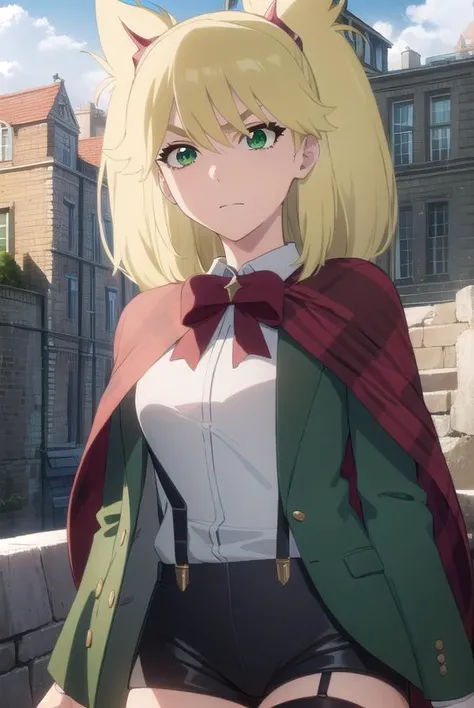 ninnyspangcole, <lora:ninny spangcole anime-lora-nochekaiser:1>,
ninny spangcole, long hair, blonde hair, (green eyes:1.5), twintails, two side up,
BREAK shirt, thighhighs, long sleeves, bow, jacket, white shirt, shorts, bowtie, red bow, thigh strap, capelet, black shorts, suspenders, green jacket, suspender shorts,
BREAK outdoors, city, sun, sky, clouds,
BREAK looking at viewer, (cowboy shot:1.5),
BREAK <lyco:GoodHands-beta2:1>, (masterpiece:1.2), best quality, high resolution, unity 8k wallpaper, (illustration:0.8), (beautiful detailed eyes:1.6), extremely detailed face, perfect lighting, extremely detailed CG, (perfect hands, perfect anatomy),