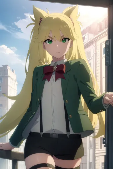 ninnyspangcole, <lora:ninny spangcole anime-lora-nochekaiser:1>,
ninny spangcole, long hair, blonde hair, (green eyes:1.5), twintails, two side up,
BREAK shirt, thighhighs, long sleeves, bow, jacket, white shirt, shorts, bowtie, red bow, thigh strap, capelet, black shorts, suspenders, green jacket, suspender shorts,
BREAK outdoors, city, sun, sky, clouds,
BREAK looking at viewer, (cowboy shot:1.5),
BREAK <lyco:GoodHands-beta2:1>, (masterpiece:1.2), best quality, high resolution, unity 8k wallpaper, (illustration:0.8), (beautiful detailed eyes:1.6), extremely detailed face, perfect lighting, extremely detailed CG, (perfect hands, perfect anatomy),