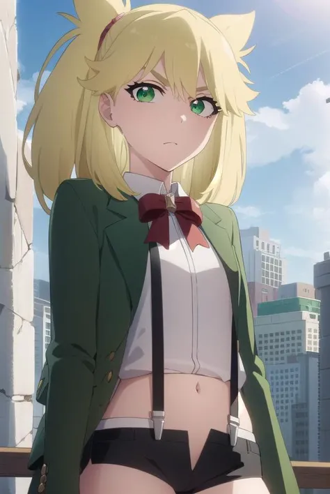 ninnyspangcole, <lora:ninny spangcole anime-lora-nochekaiser:1>,
ninny spangcole, long hair, blonde hair, (green eyes:1.5), twintails, two side up,
BREAK shirt, thighhighs, long sleeves, bow, jacket, white shirt, shorts, bowtie, red bow, thigh strap, capelet, black shorts, suspenders, green jacket, suspender shorts,
BREAK outdoors, city, sun, sky, clouds,
BREAK looking at viewer, (cowboy shot:1.5),
BREAK <lyco:GoodHands-beta2:1>, (masterpiece:1.2), best quality, high resolution, unity 8k wallpaper, (illustration:0.8), (beautiful detailed eyes:1.6), extremely detailed face, perfect lighting, extremely detailed CG, (perfect hands, perfect anatomy),