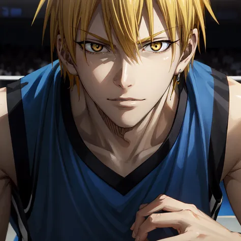 kise ryouta\(kuroko no basuke\), solo, 1boy, looking at viewer, male focus, blonde hair, hair between eyes, yellow eyes, sleeveless shirt, blue shirt, close-up, <lora:Kise_Ryouta_No_commercial_use_is_allowed_LoRA:0.6>
