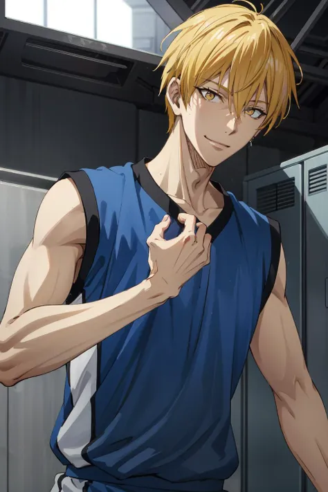 upper body, ultra detailed, highres, high-resolution, 8k, 8k portrait, unity 8k wallpaper, extremely detailed unity 8k wallpaper, detailed skin, kise ryouta\(kuroko no basuke\), blue basketball uniform, solo, 1boy, looking at viewer, male focus, blonde hair, hair between eyes, yellow eyes, smile, sleeveless shirt, blue shirt, indoor, locker room, <lora:Kise_Ryouta_No_commercial_use_is_allowed_LoRA:0.7>