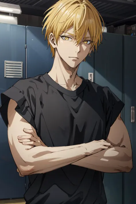 upper body, ultra detailed, highres, high-resolution, 8k, 8k portrait, unity 8k wallpaper, extremely detailed unity 8k wallpaper, detailed skin, kise ryouta\(kuroko no basuke\), solo, 1boy, looking at viewer, male focus, blonde hair, hair between eyes, yellow eyes, doyagao, black shirt, indoor, locker room, <lora:Kise_Ryouta_No_commercial_use_is_allowed_LoRA:0.7>