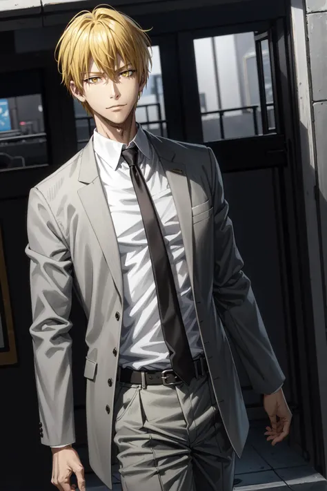 kise ryouta\(kuroko no basuke\), solo, 1boy, looking at viewer, male focus, blonde hair, hair between eyes, yellow eyes, school uniform, white shirt, cowboy shot, open clothes, black necktie, collared shirt, black belt, grey jacket, grey pants, <lora:Kise_Ryouta_No_commercial_use_is_allowed_LoRA:0.6>