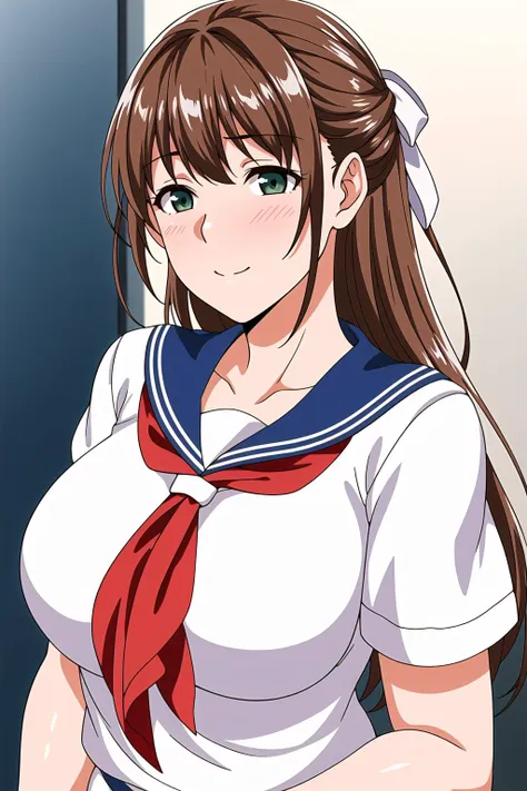 Simple White Background,
 school uniform, serafuku, blue sailor outfit, white shirt,short sleeves,collarbone,
<lora:Kaede_Kasuga_Puberty-KK77-V1:0.7>,pleated skirt, red neckerchief,
Green  eyes, brown hair,bangs,Long hair,white ribbon,braid, 
<lora:Oda_Non_Style-KK77-V2:0.3>,<lora:more_details:0.1>,
1 girl, 20yo,Young female,Beautiful long legs,Beautiful body,
Beautiful Nose,Beautiful character design, perfect eyes, perfect face,expressive eyes,perfect balance,
looking at viewer,(Focus on her face),closed mouth, (innocent_big_eyes:1.0),(Light_Smile:0.3),
official art,extremely detailed CG unity 8k wallpaper, perfect lighting,Colorful, Bright_Front_face_Lighting,White skin,
(masterpiece:1.0),(best_quality:1.0), ultra high res,4K,ultra-detailed,
photography, 8K, HDR, highres, absurdres:1.2, Kodak portra 400, film grain, blurry background, bokeh:1.2, lens flare, (vibrant_color:1.2),professional photograph,
(Beautiful,large_Breasts:1.4), (beautiful_face:1.5),(narrow_waist),