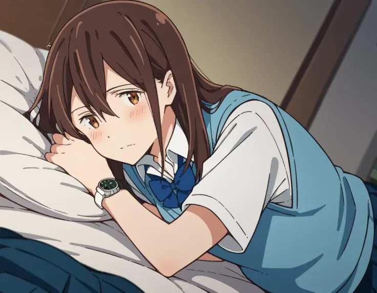 score_9, score_8_up, score_7_up, source_anime,
sakurayamauchi, <lora:sakura-yamauchi-movie-ponyxl-lora-nochekaiser:1>,
sakura yamauchi, long hair, brown hair, brown eyes, hair between eyes,
skirt, shirt, bow, school uniform, pleated skirt, watch, wristwatch, pleated skirt, short sleeves, collared shirt, sweater vest, blue sweater vest,
indoors, bed, bed room, on side, blush, drunk,
looking at viewer, dutch angle, cowboy shot,