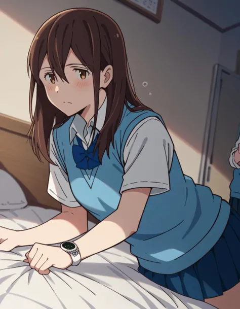 score_9, score_8_up, score_7_up, source_anime,
sakurayamauchi, <lora:sakura-yamauchi-movie-ponyxl-lora-nochekaiser:1>,
sakura yamauchi, long hair, brown hair, brown eyes, hair between eyes,
skirt, shirt, bow, school uniform, pleated skirt, watch, wristwatch, pleated skirt, short sleeves, collared shirt, sweater vest, blue sweater vest,
indoors, bed, bed room, on side, blush, drunk,
looking at viewer, dutch angle, cowboy shot,