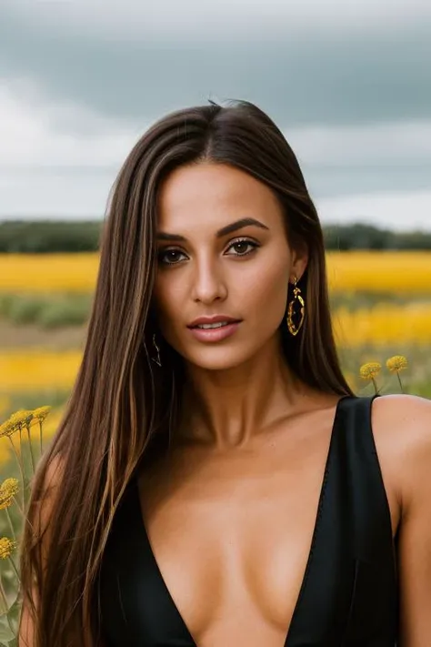 <lora:DominikaC_v1.0:0.9>, a SFW Portrait of Dominika C woman, Beautiful, ((wearing a black and gold dress designed by Versace)), alluring, perfect eyes, perfect face details, (highly detailed skin:1.1), Perfect Slim body, PHOTOREALISTIC, Realistic, soft Lighting, sexy pose, Fashion photography, sunny, ((standing in a prairie field with wild flowers background)), blurred background, godrays, volumetric fog, RAW, analog style, sharp focus, 8k UHD, DSLR, high quality, Fujifilm XT3, grain, award winning, masterpiece,