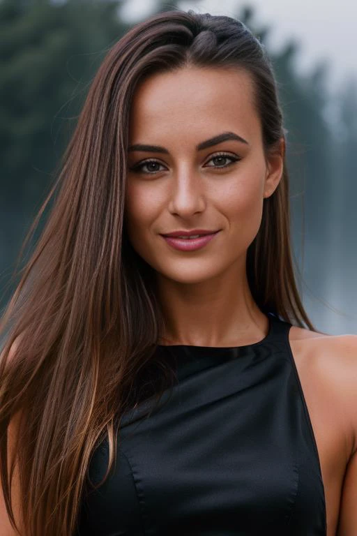 <lora:DominikaC_v1.0:0.9>, a SFW Portrait of Dominika C woman, Beautiful, ((wearing a black dress)), alluring, perfect eyes, perfect face details, (highly detailed skin:1.1), seductive smile, Perfect Slim body, PHOTOREALISTIC, Realistic, Dramatic Lighting, Modelshoot style, Professional photography, Sunset, foggy background, blurred background, RAW, analog style, sharp focus, 8k UHD, DSLR, high quality, Fujifilm XT3, grain, award winning,