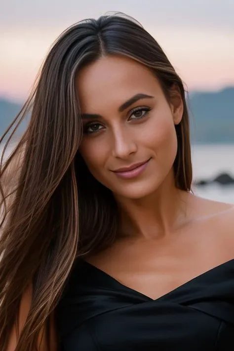 <lora:DominikaC_v1.0:0.9>, a SFW Portrait of Dominika C woman, Beautiful, ((wearing a black dress)), alluring, perfect eyes, perfect face details, (highly detailed skin:1.1), seductive smile, Perfect Slim body, PHOTOREALISTIC, Realistic, Dramatic Lighting, Modelshoot style, Professional photography, Sunset, foggy background, blurred background, RAW, analog style, sharp focus, 8k UHD, DSLR, high quality, Fujifilm XT3, grain, award winning,