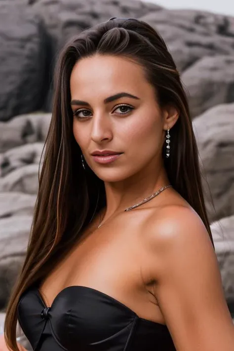 <lora:DominikaC_v1.0:0.9>, a SFW Close Portrait of Dominika C woman, Beautiful, ((wearing a strapless black dress designed by Prada)), alluring, perfect eyes, perfect face details, (highly detailed skin:1.1), Perfect Slim body, PHOTOREALISTIC, Realistic, soft Lighting, sexy pose, Fashion photography, Sunset, Foggy, in a Rock Quarry background, blurred background, RAW, analog style, sharp focus, 8k UHD, DSLR, high quality, Fujifilm XT3, grain, award winning, masterpiece,