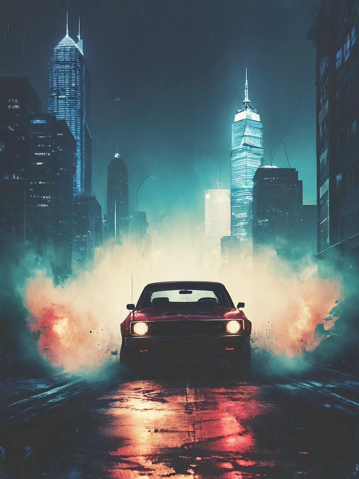 Illustrate a high-speed car race through the winding streets of a vibrant city. Show sleek racing cars zooming past skyscrapers, darting through narrow alleys, and taking hairpin turns. Capture the energy and intensity of the race with dynamic camera angles and motion blur effects., <lora:Desolation:0.8>