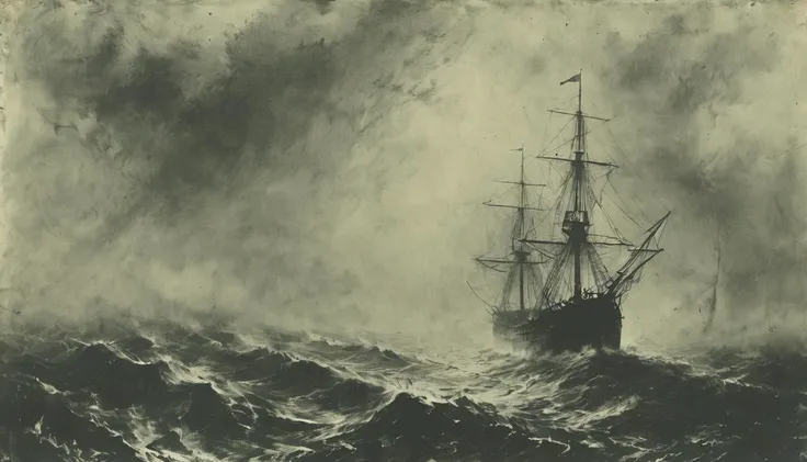 A ship in a stormy sea, fog <lora:Desolation:0.8>,