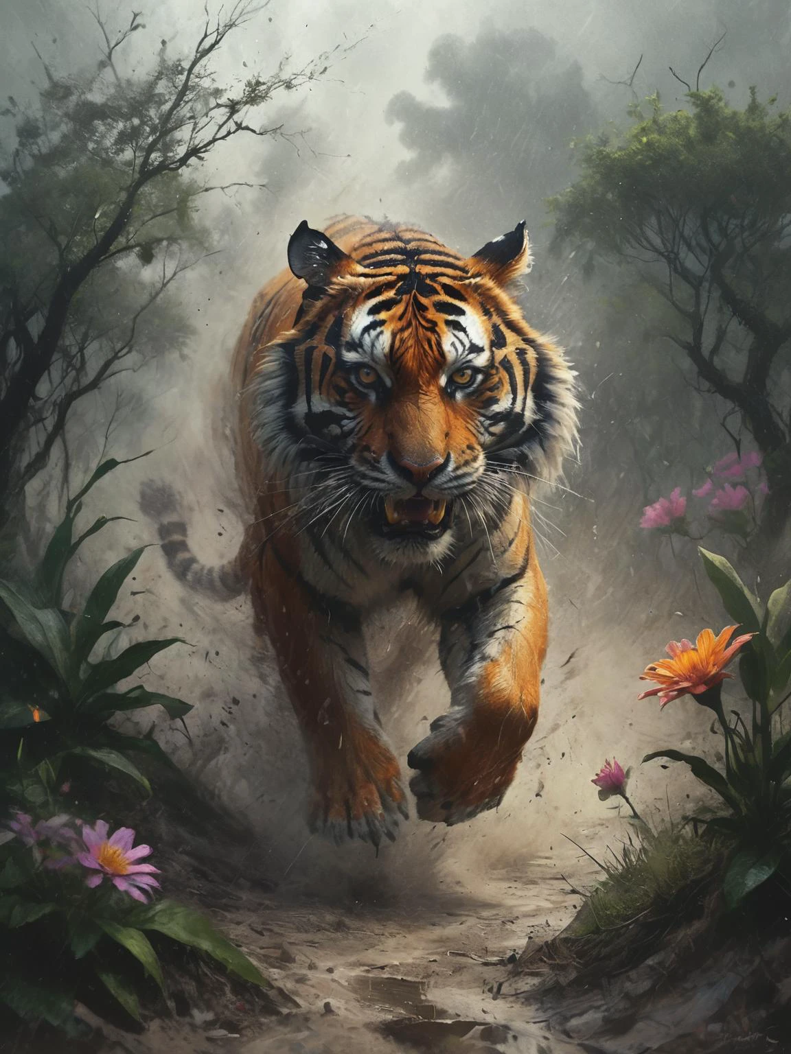 coomplex illustration of a mighty tiger in the jungle very fast running to the viewer, trees and flower, in a massive cloud of dust, agression, anger, hyperrealistic scene, heavy rain, detailed focus, art by Aaron Jasinski, epic fantasy scene, vivid colors, Enchanted Masterpiece, Fantasycore, Award-Winning, Masterpiece, contrast, faded, <lora:Desolation:0.5>