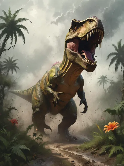 coomplex illustration of a mighty T Rex in the jungle very fast running to the viewer, trees and flower, in a massive cloud of dust, agression, anger, hyperrealistic scene, heavy rain, detailed focus, art by Aaron Jasinski, epic fantasy scene, vivid colors, Enchanted Masterpiece, Fantasycore, Award-Winning, Masterpiece, contrast, faded, <lora:Desolation:0.5>