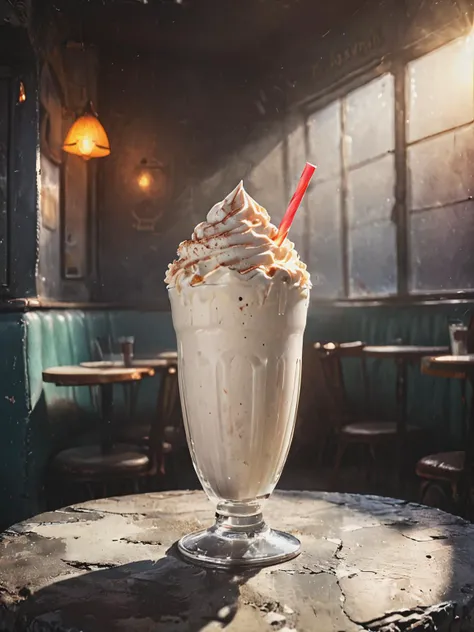 A delectable milkshake placed on a vintage café table, Creamy, Tempting, Refreshing, Retro, Vibrant, Canon EOS 5D Mark IV, Late afternoon, capturing the warm sunlight, Food photography with a touch of vintage, cozy, slate gray atmosphere, soft cinematic light, <lora:Desolation:0.6>