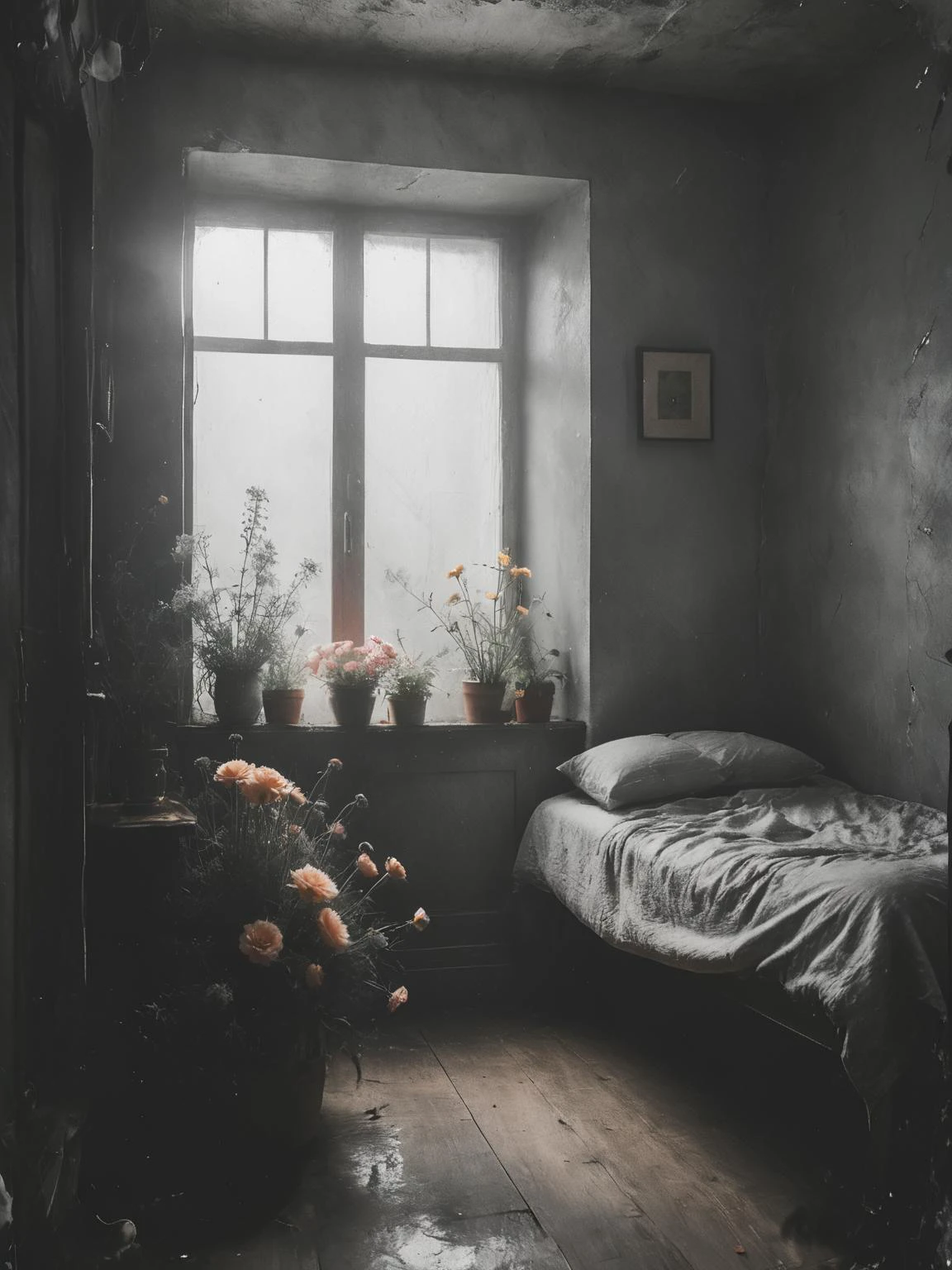 the language of flowers, pyjamas, a secret passageway, photolab, lightroom, cozy, slate gray atmosphere, soft cinematic light, <lora:Desolation:0.8>
