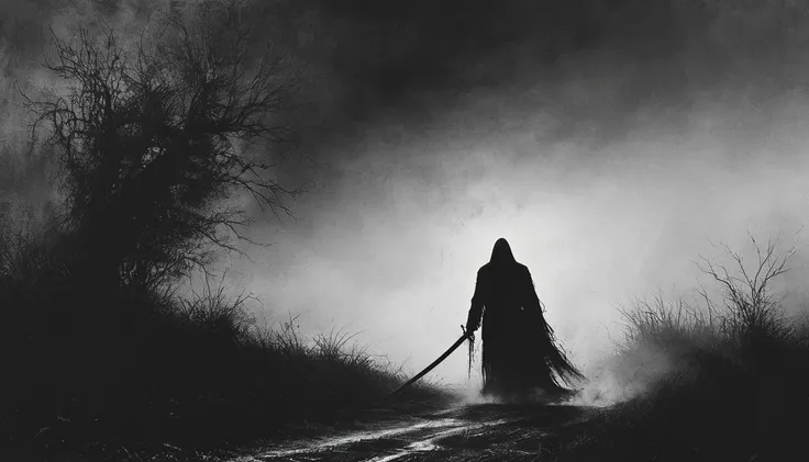 impactful paint of The Reaper in a country road <lora:Desolation:0.7>, , highly detailed, 8k, sharp, professional, clear, high contrast, high saturated, , vivid deep blacks, crystal clear