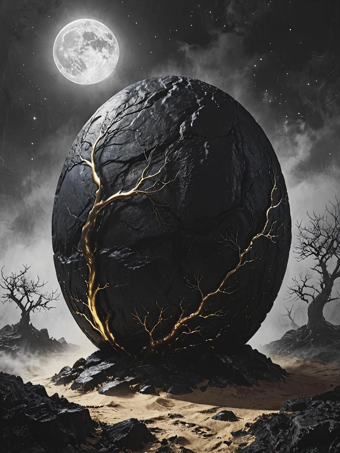 a giant mysterious black stone with golden carvings, circular lines, exotic scenery on background (Illustration by Al Feldstein), <lora:add-detail-xl:1>, <lora:Desolation:0.8>