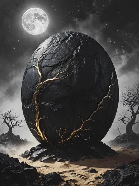 a giant mysterious black stone with golden carvings, circular lines, exotic scenery on background (Illustration by Al Feldstein), <lora:add-detail-xl:1>, <lora:Desolation:0.8>
