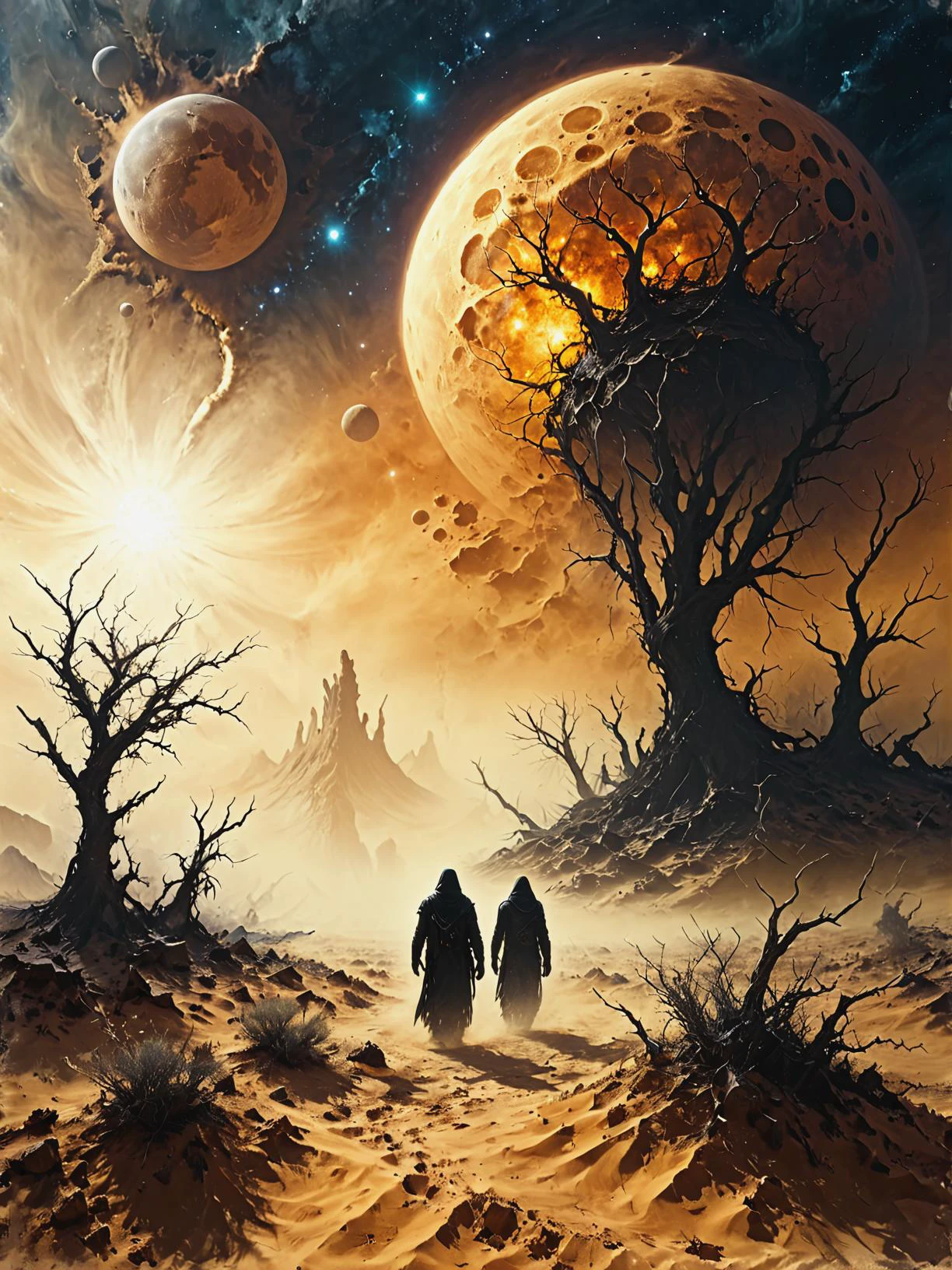 Elemental sandstorm creatures reshaping desert landscapes in Moon colony facing cosmic anomalies, ultra-fine digital painting, <lora:xl_more_art-full_v1:0.3>, <lora:Desolation:0.7>, <lora:cine:0.7> cin3