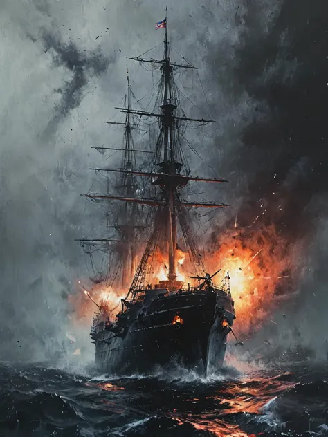 cruiser battleship sailing, cannons fired, full of hidden details, realistic brushstrokes, extreme angles, historical accuracy, colorful, textured, patterned, highly detailed, vibrant colors , 8k, sharp, professional, clear, high contrast, high saturated, , vivid deep blacks, crystal, <lora:Desolation:0.8>