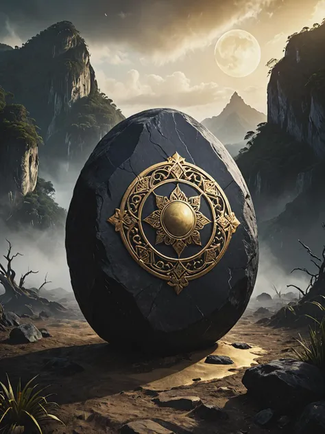 a giant mysterious black stone with golden carvings, circular lines, exotic scenery on background (Illustration by Alan Moore), <lora:add-detail-xl:1>, <lora:Desolation:0.6>