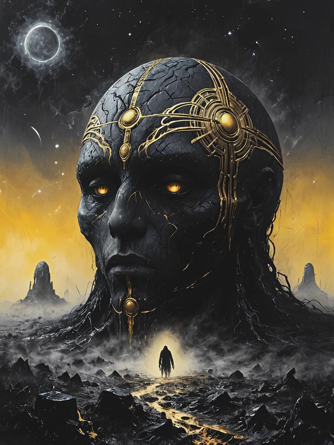 a giant mysterious black stone with golden carvings, circular lines, exotic scenery on background (Illustration by Alan Moore), <lora:add-detail-xl:1>, <lora:Desolation:0.8>