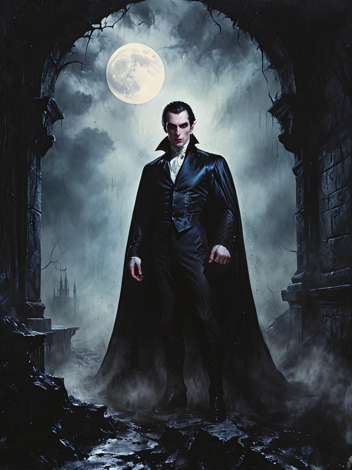 waist and torso, vampire Count Dracula, piercing gaze fixed on the viewer with an aura of regal authority, Sharp cheekbones and a chiseled jawline, pale complexion contrasts starkly against the darkness of his hair, which falls in tousled waves around his face, castle interior, action shot, dynamic pose, midnight, full moon, <lora:Desolation:0.8>