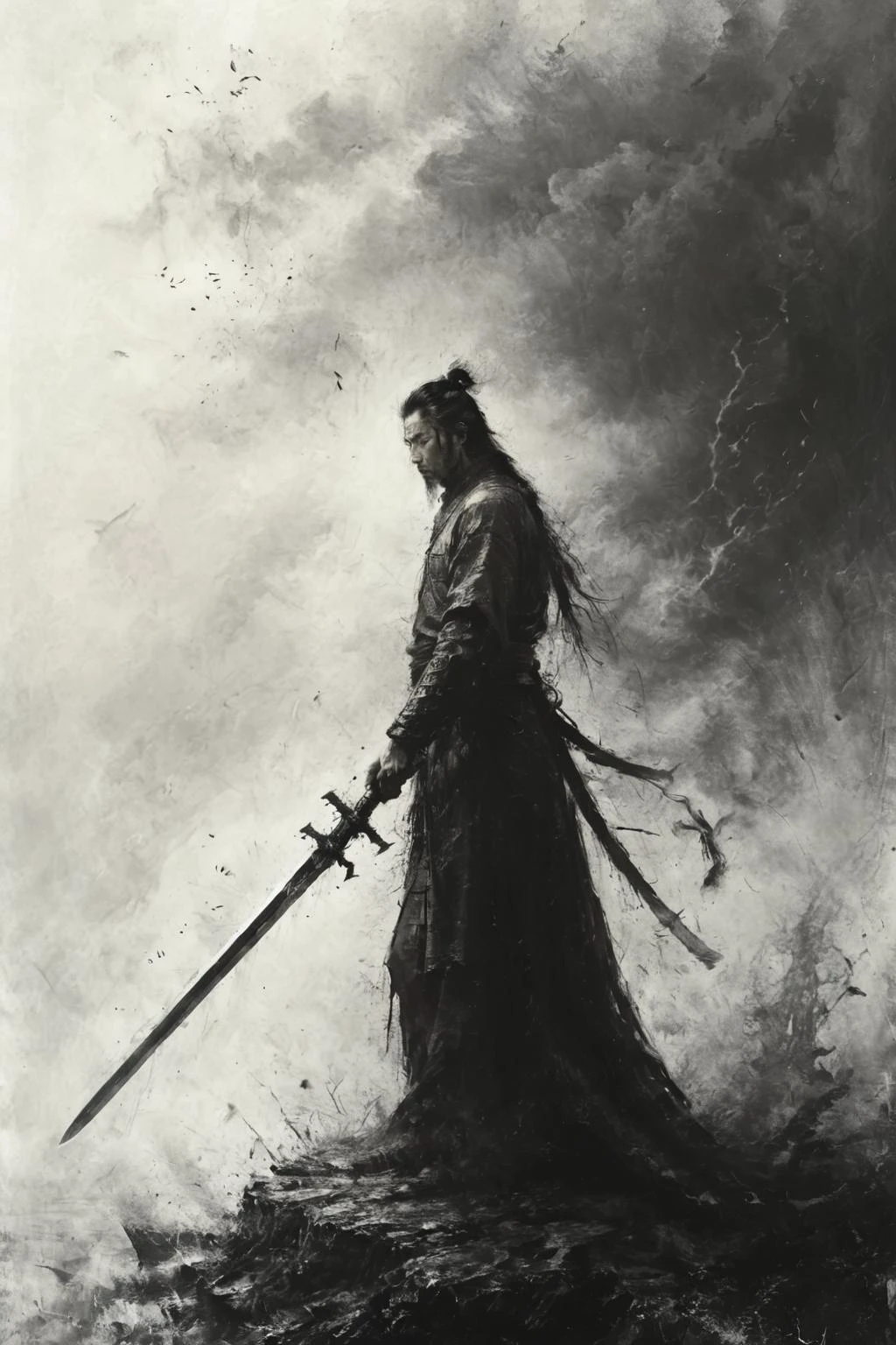 All his life,Ling Shi was proud,taking the way of hegemony,walking across heaven and earth,his sword spirit,this kind of hegemony,is the power of heaven,<lora:Desolation:0.8>,