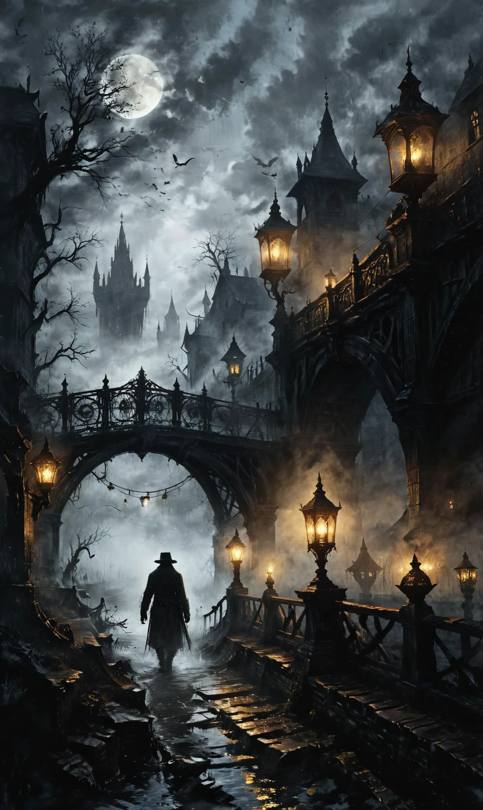 a Clockwork djinn with ornate, mystical lamps at a Gaslit bridge spanning over tranquil river, city of yharnam, bloodborne, ultra-fine digital painting, <lora:xl_more_art-full_v1:0.3>, <lora:Desolation:0.7>, <lora:cine:0.7> cin3 <lora:victoriansxl_v1:0.4> victorianstyle